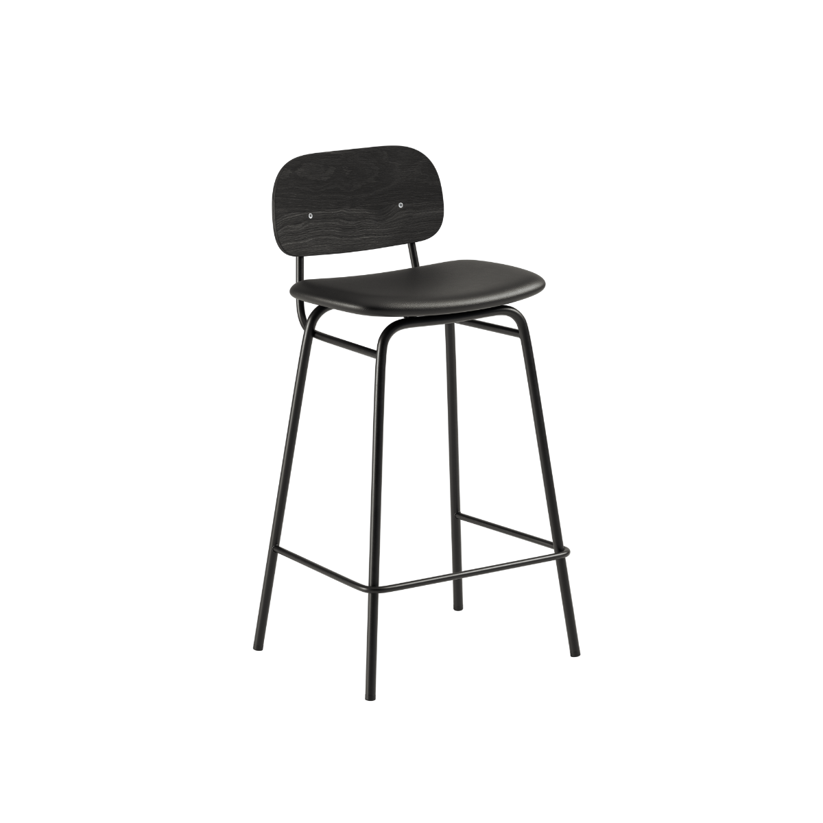 Sort Frame Bar Stool barstol med ryglæn i læder og lav højde, industrielt stålstel.