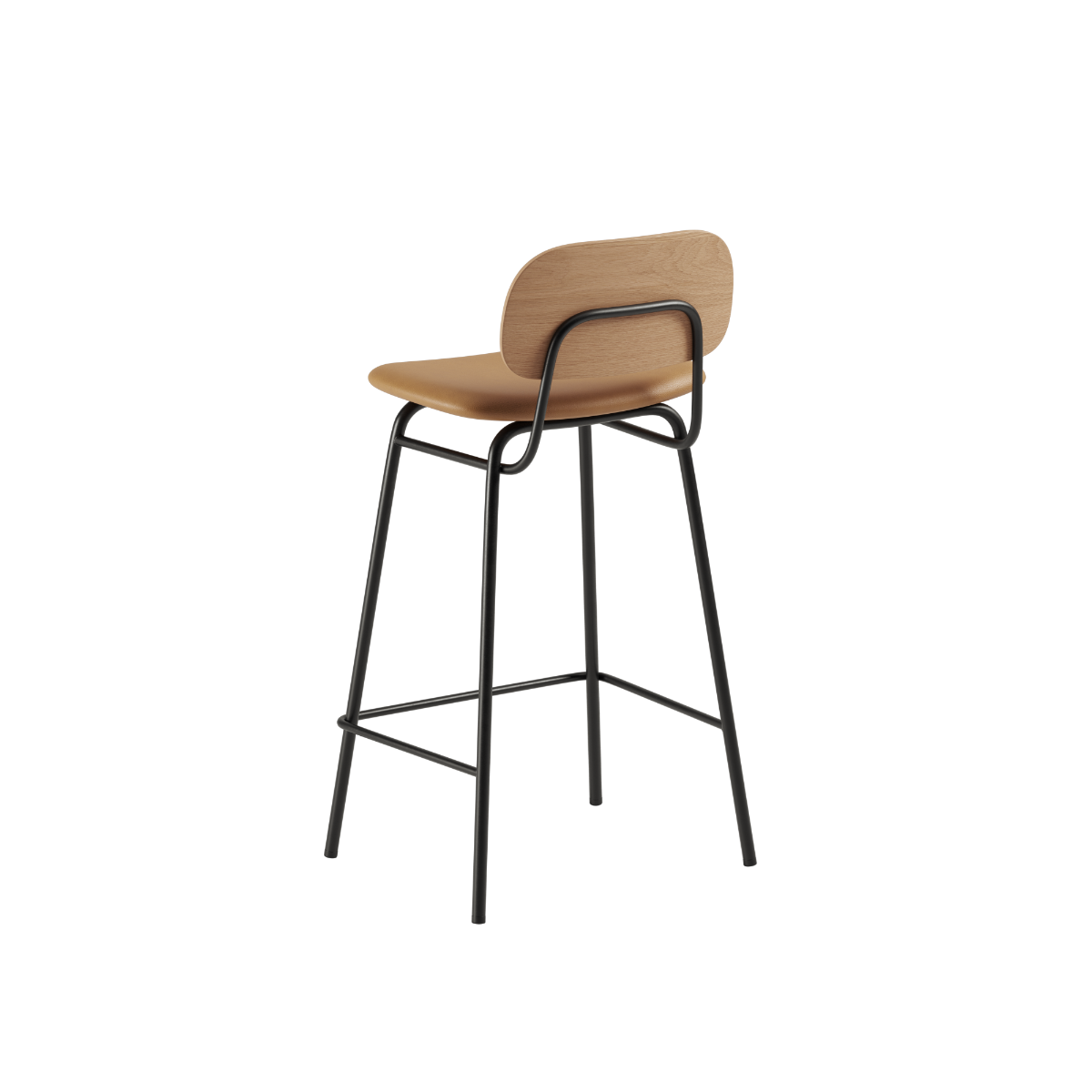 Frame Bar Stool barstol med ryglæn i læder og pulverlakeret stålstel, industrielt design.