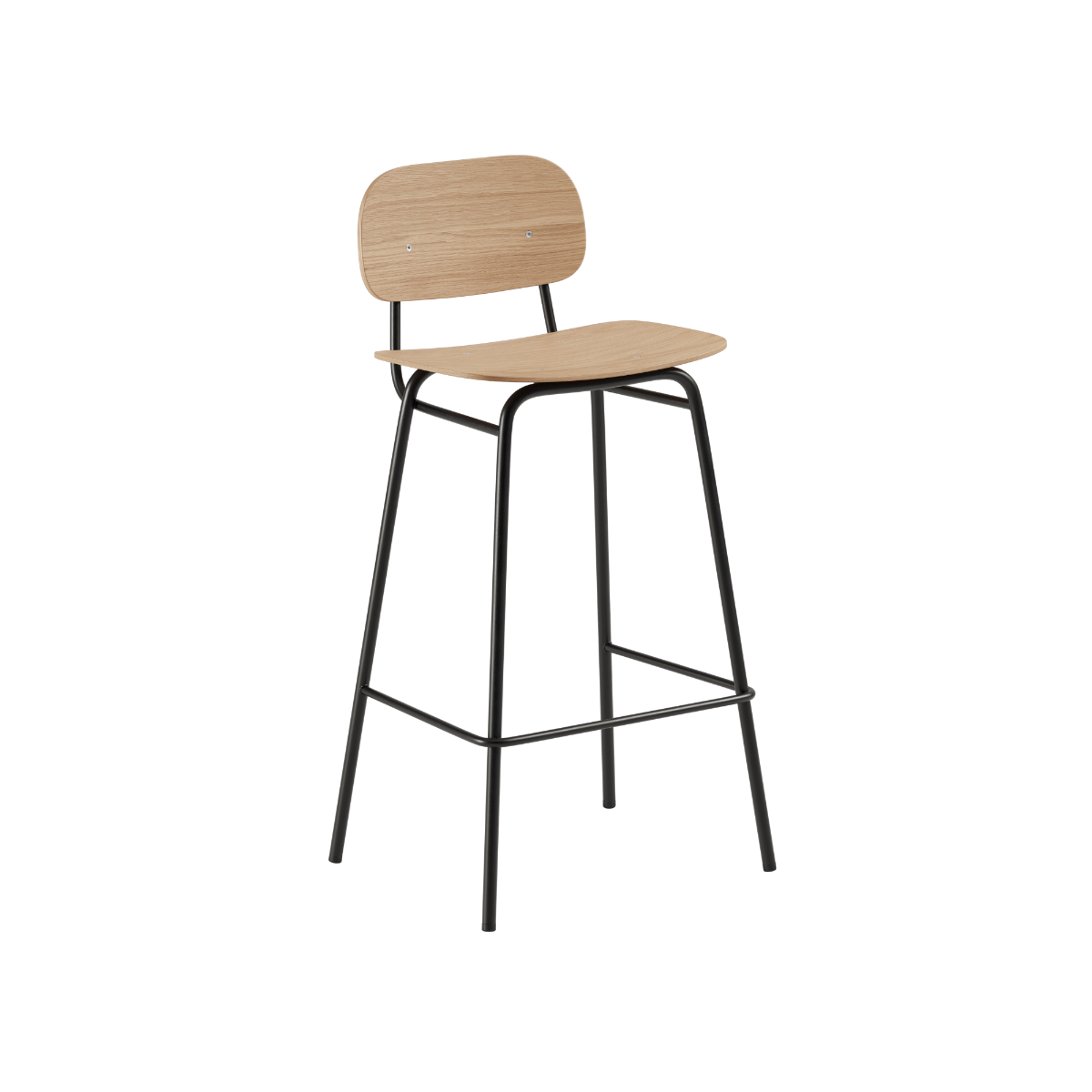 Frame Bar Stool i naturlig eg med ryglæn og sort pulverlakeret stel, høj model på 73 cm.