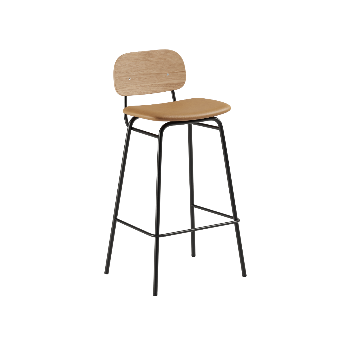 Frame Bar Stool barstol med ryglæn i læder og pulverlakeret stålstel i industrielt design.
