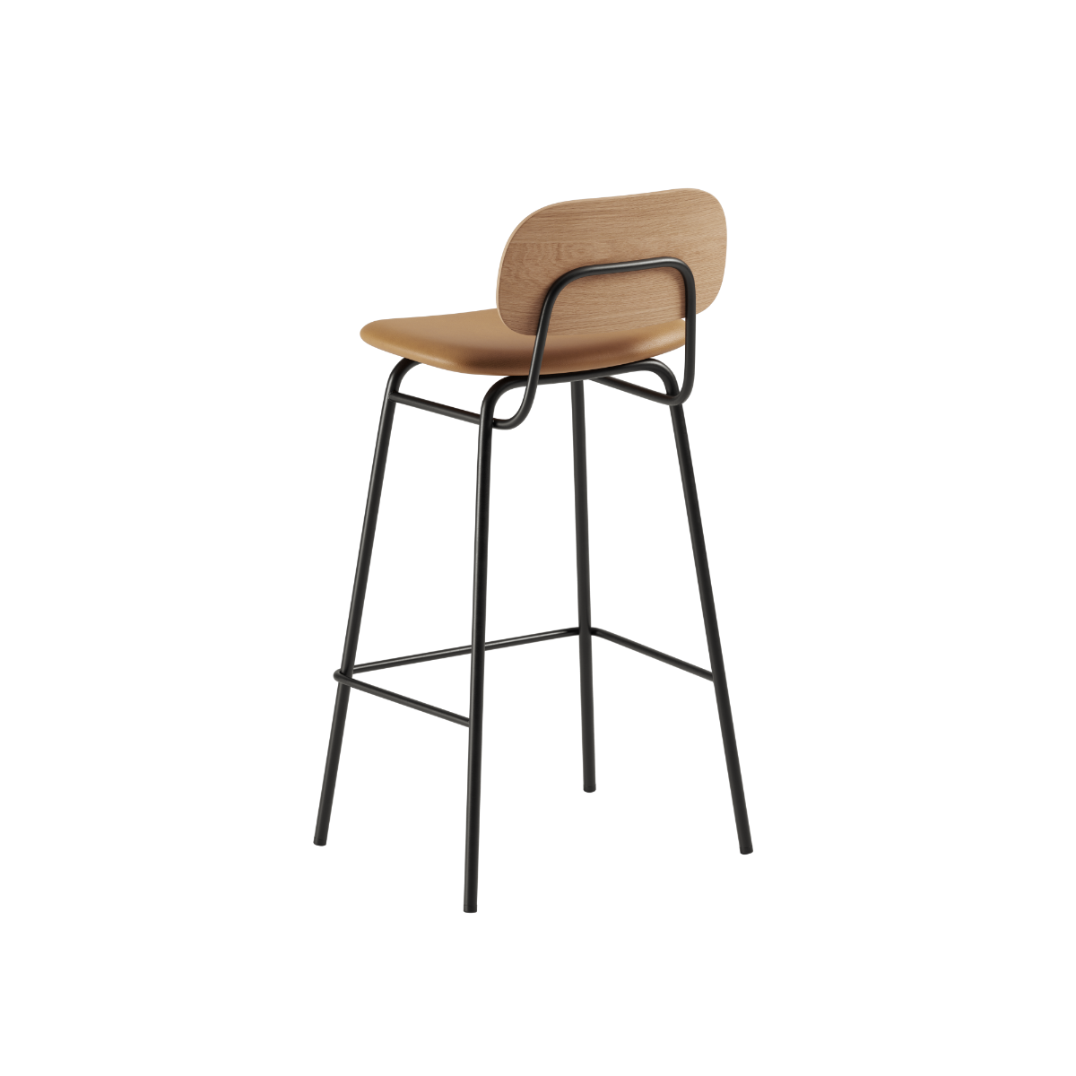 Frame Bar Stool barstol med ryglæn i læder og pulverlakeret stålstel, industrielt design.