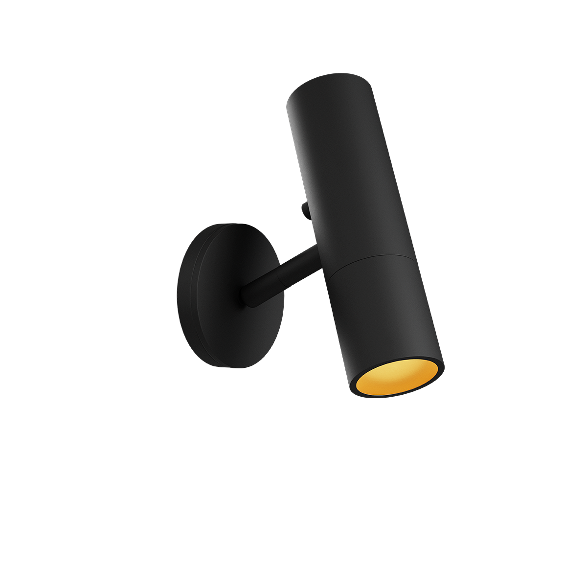 Sort Expo Wall væglampe i aluminium med rund base og varm belysning, minimalistisk design.