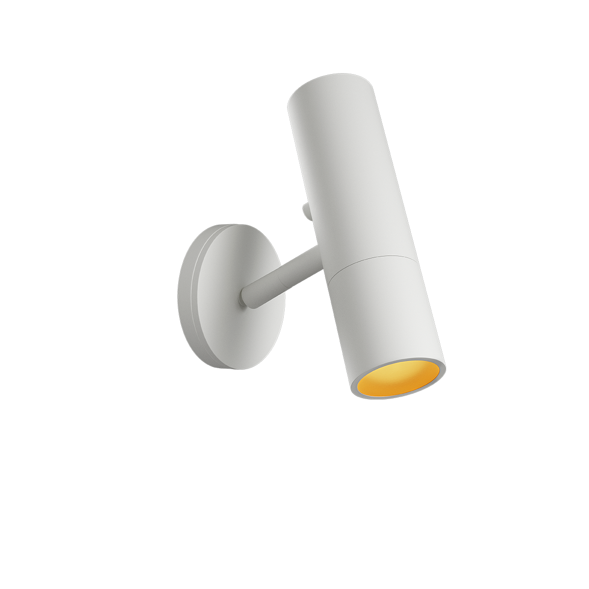 Hvid Expo Wall væglampe i aluminium med rund base og varm belysning.