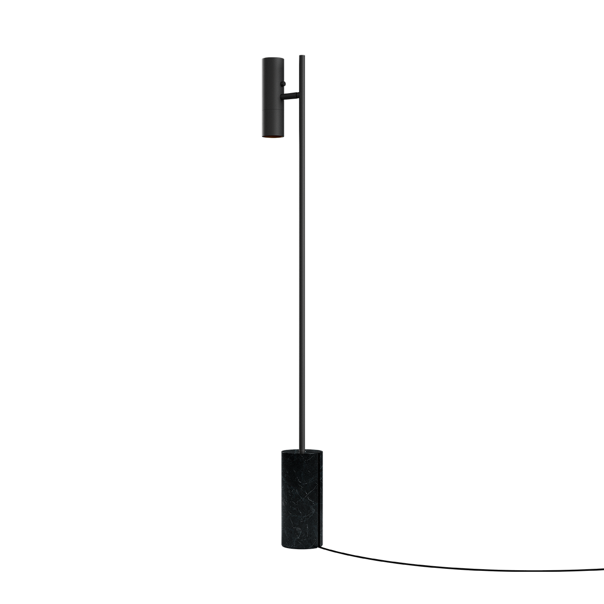 Sort Expo Floor gulvlampe med mat aluminium og marmorfod i moderne design.