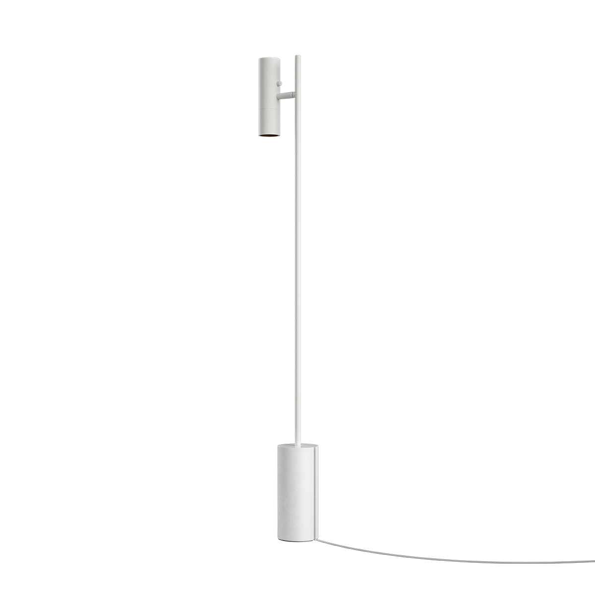 Hvid Expo Floor gulvlampe med aluminiumskrop og marmorfod i minimalistisk design