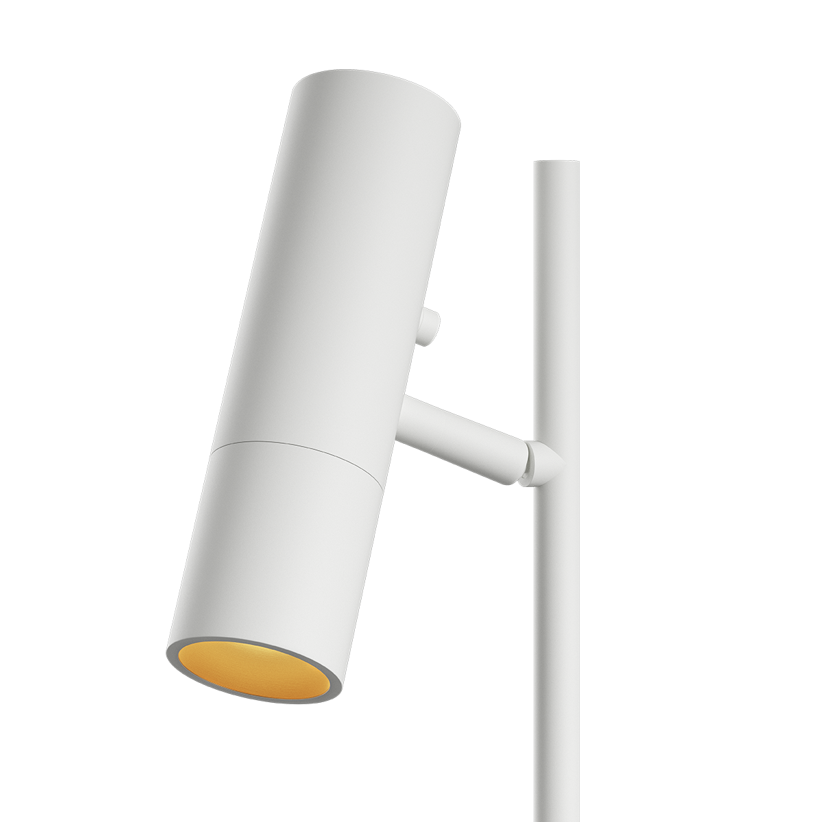 Hvid Expo Floor gulvlampe med aluminiumskrop og marmorfod på hvid baggrund