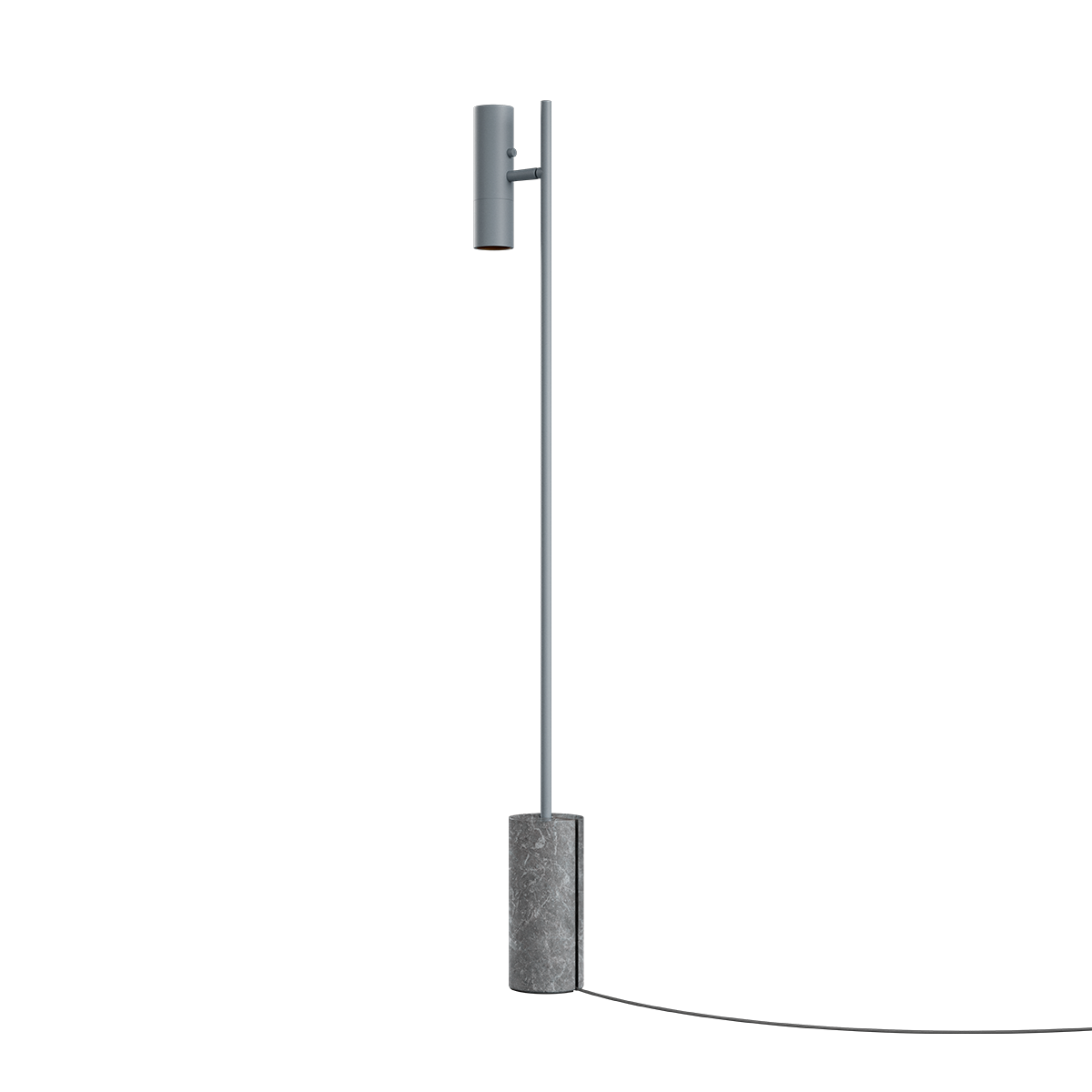 Grå Expo Floor gulvlampe med aluminiumskrop og marmorfod på hvid baggrund.