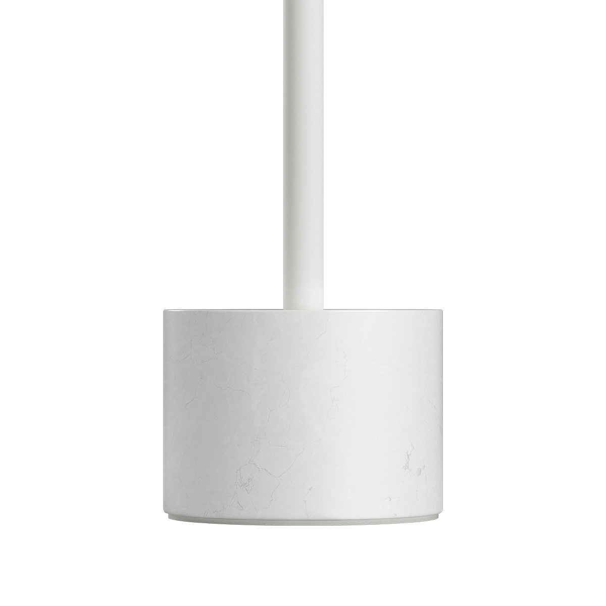 Hvid Expo Table bordlampe med aluminiumskrop og marmorfod på hvid baggrund.