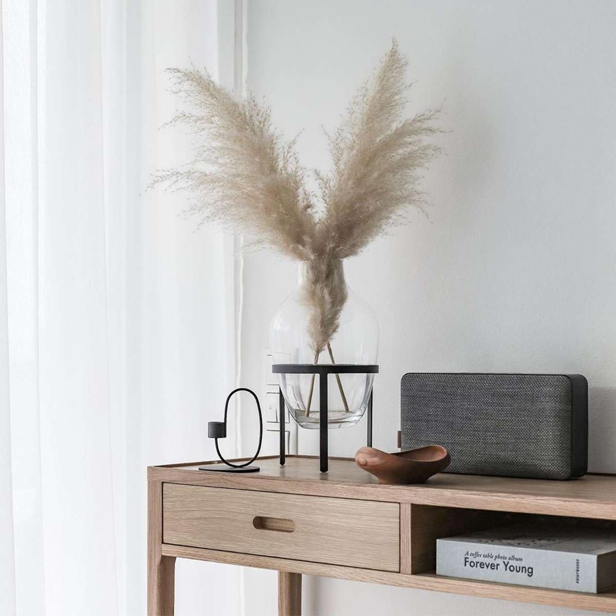 Move 150 trådløs højtaler i stål med Fiord stof fra Kvadrat, kompakt og bærbar design.