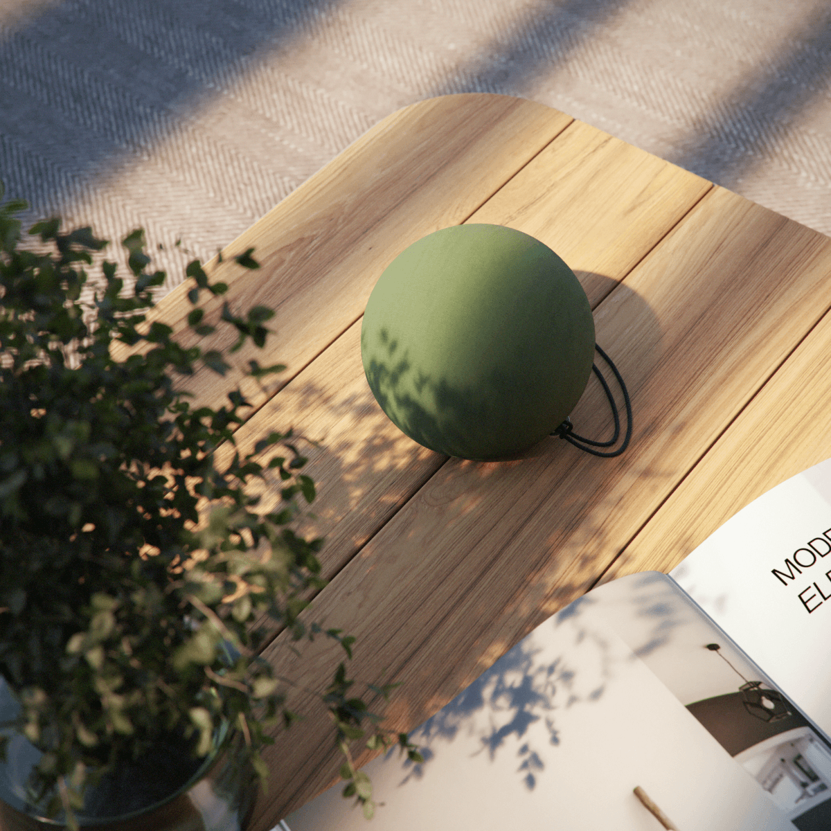 Olive farvet Play Mini højtaler med silikoneknapper og polyestertekstil i kompakt design.