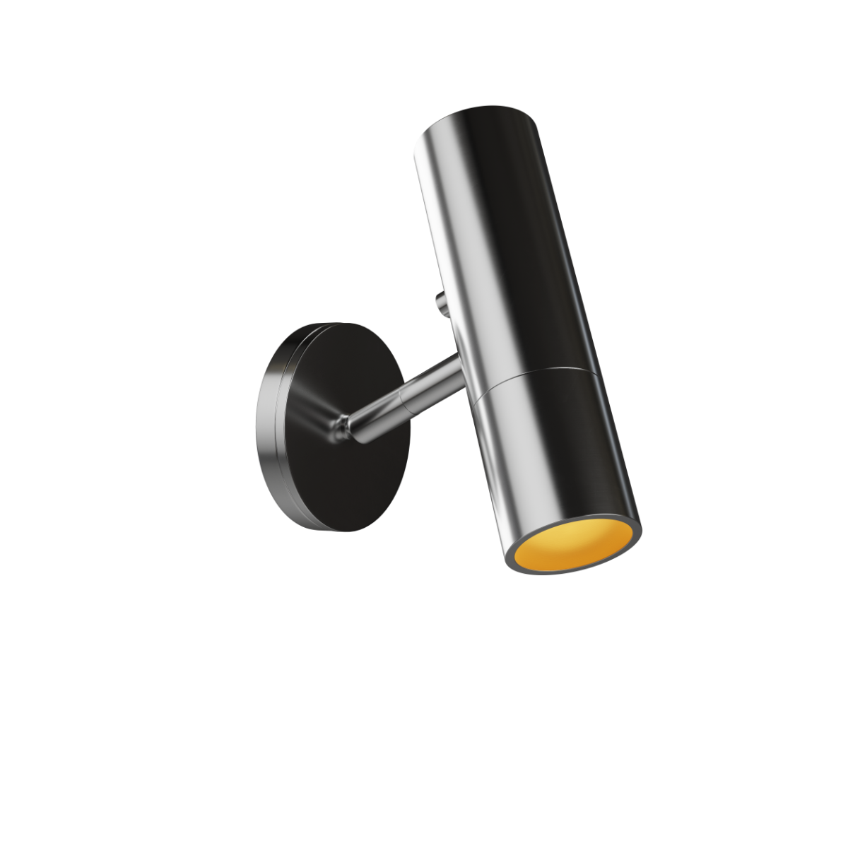 Polished aluminium Expo Wall væglampe med rund base og varm belysning, enkel og elegant design.