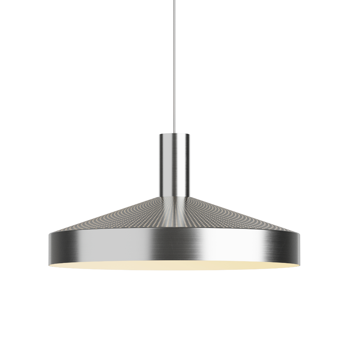 Dawn Pendant Ø40 i poleret aluminium med perforeret top og hvid inderskærm til indendørs belysning.