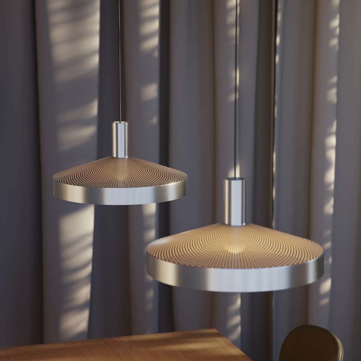 Polished Dawn Pendant Ø40 hanging indoor light with perforated aluminum shade and 3-meter cord.