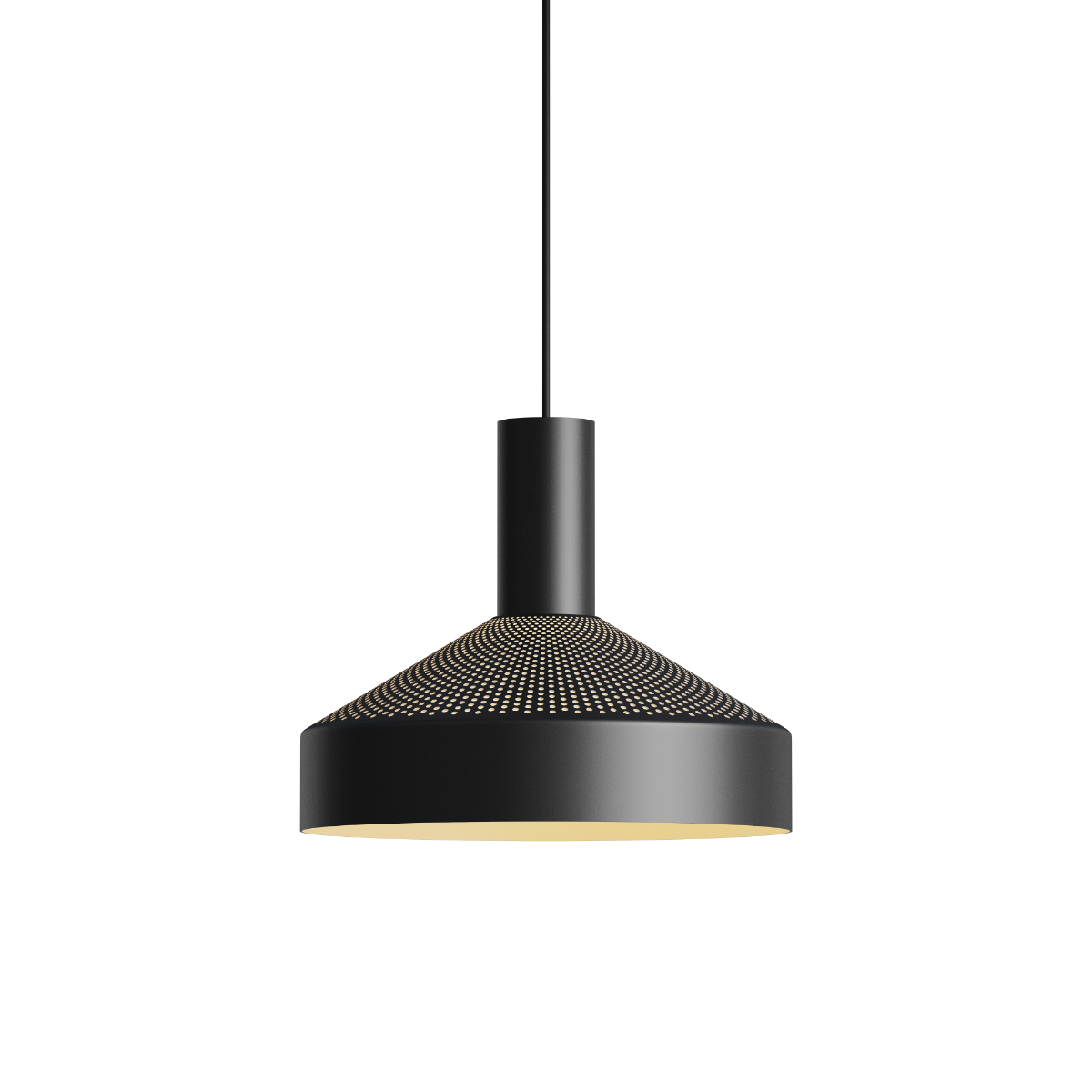 Sort Dawn Pendant Ø25 med perforeret aluminium og hvidmalet inderskærm til indendørs belysning.