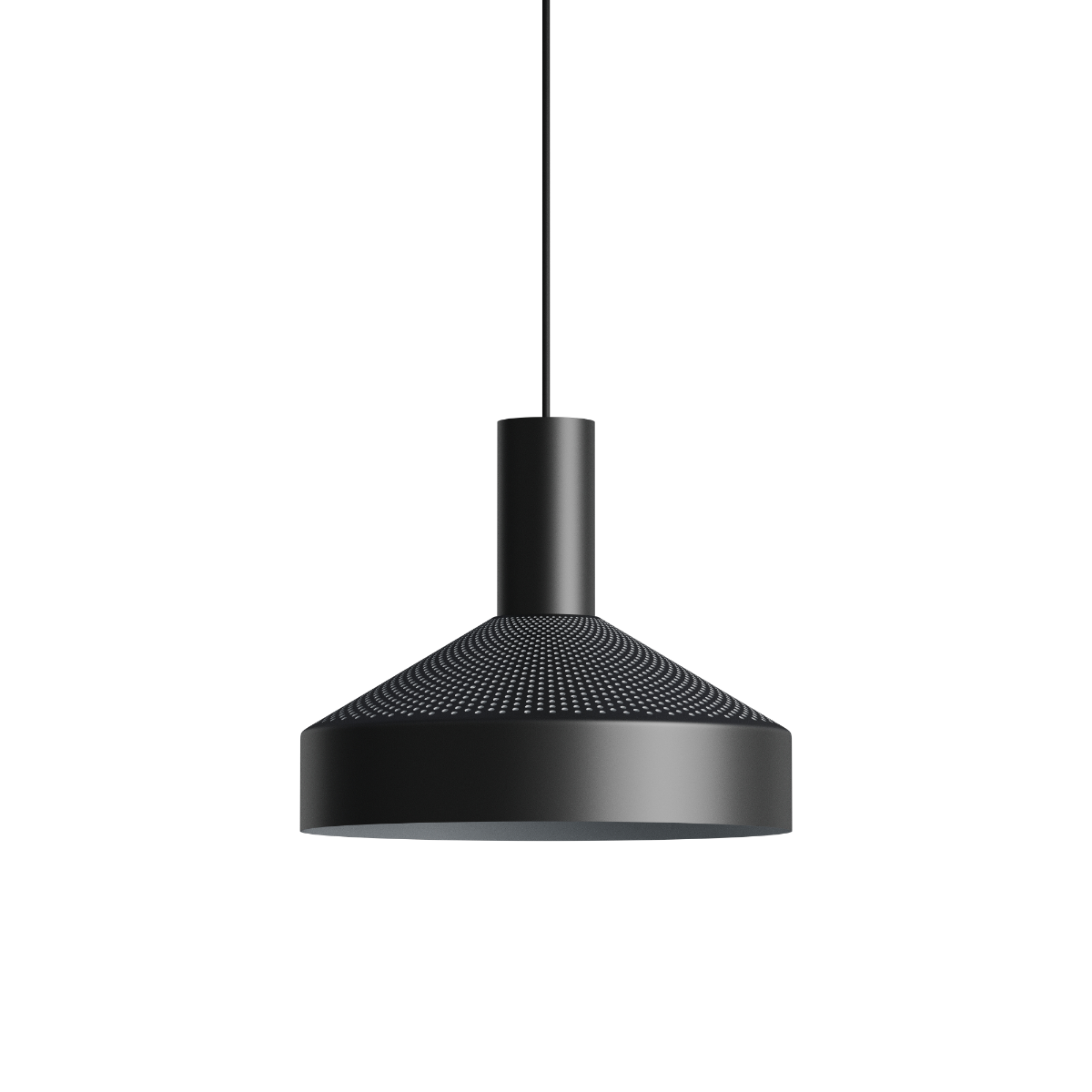 Sort Dawn Pendant Ø25 indendørs lampe med perforeret aluminiumsdesign og hvidmalet inderskærm.
