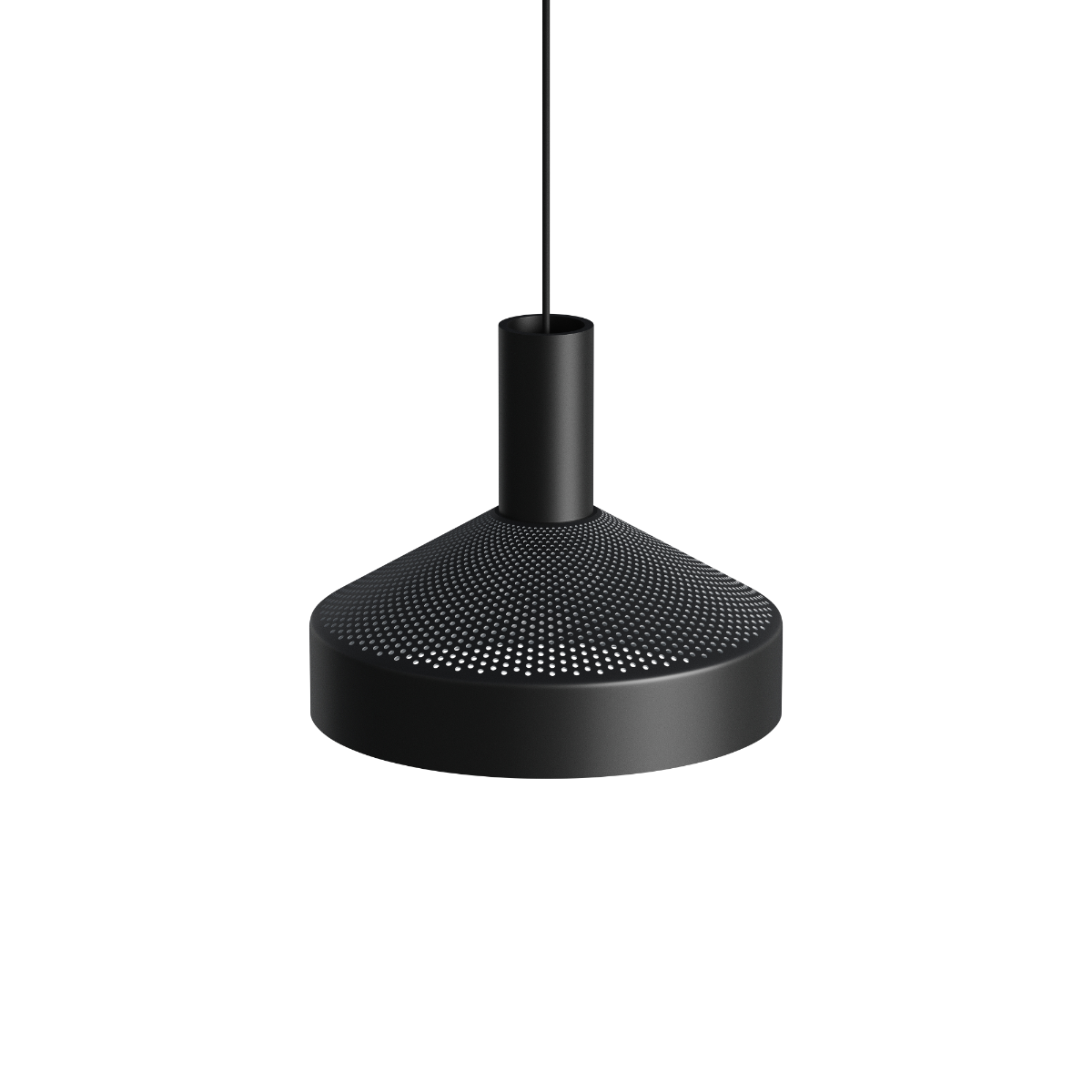 Sort Dawn Pendant Ø25 indendørs lampe i aluminium med perforeret top og hvidmalet inderskærm.