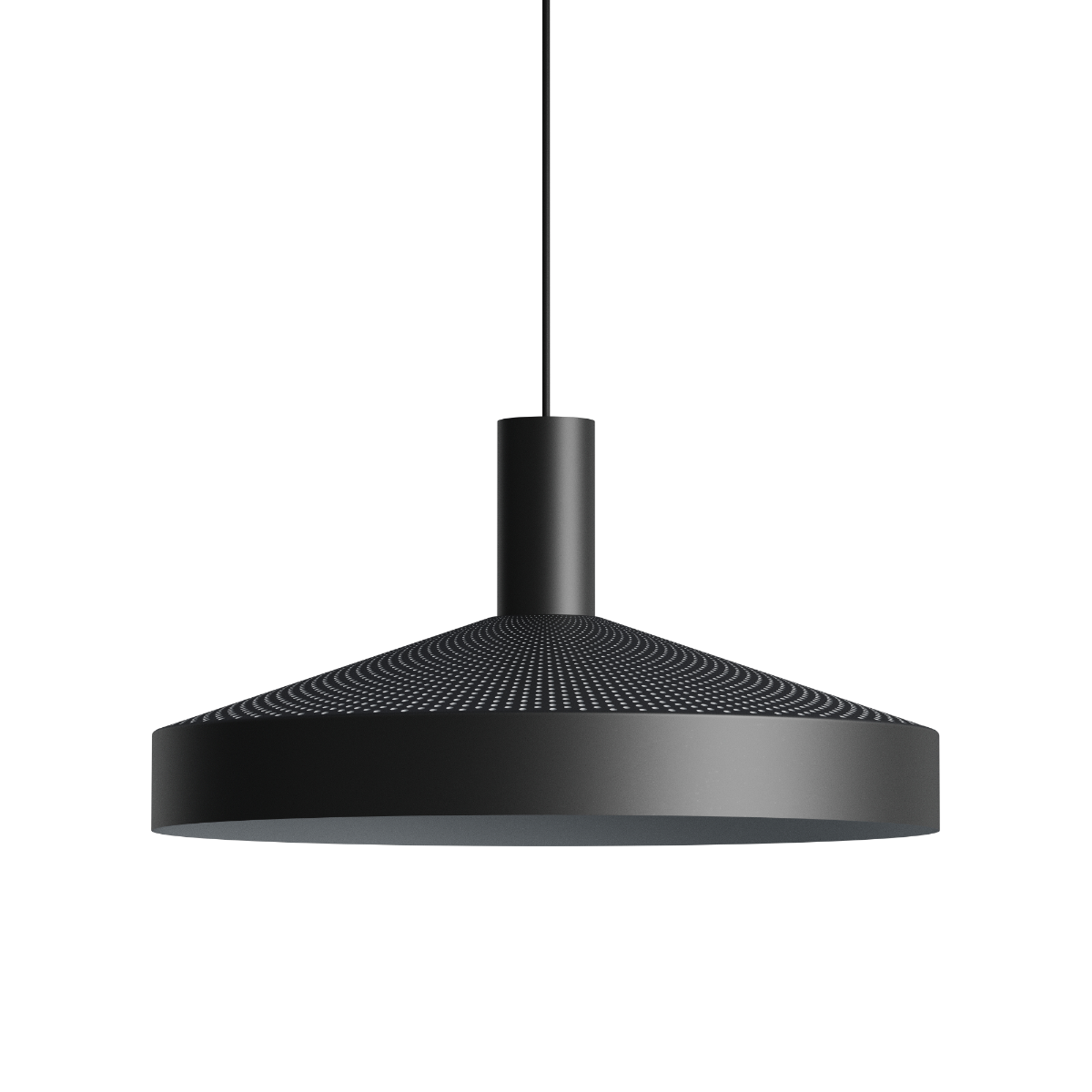 Sort Dawn Pendant Ø40 indendørs lampe i aluminium med perforeret top og hvidmalet inderskærm.