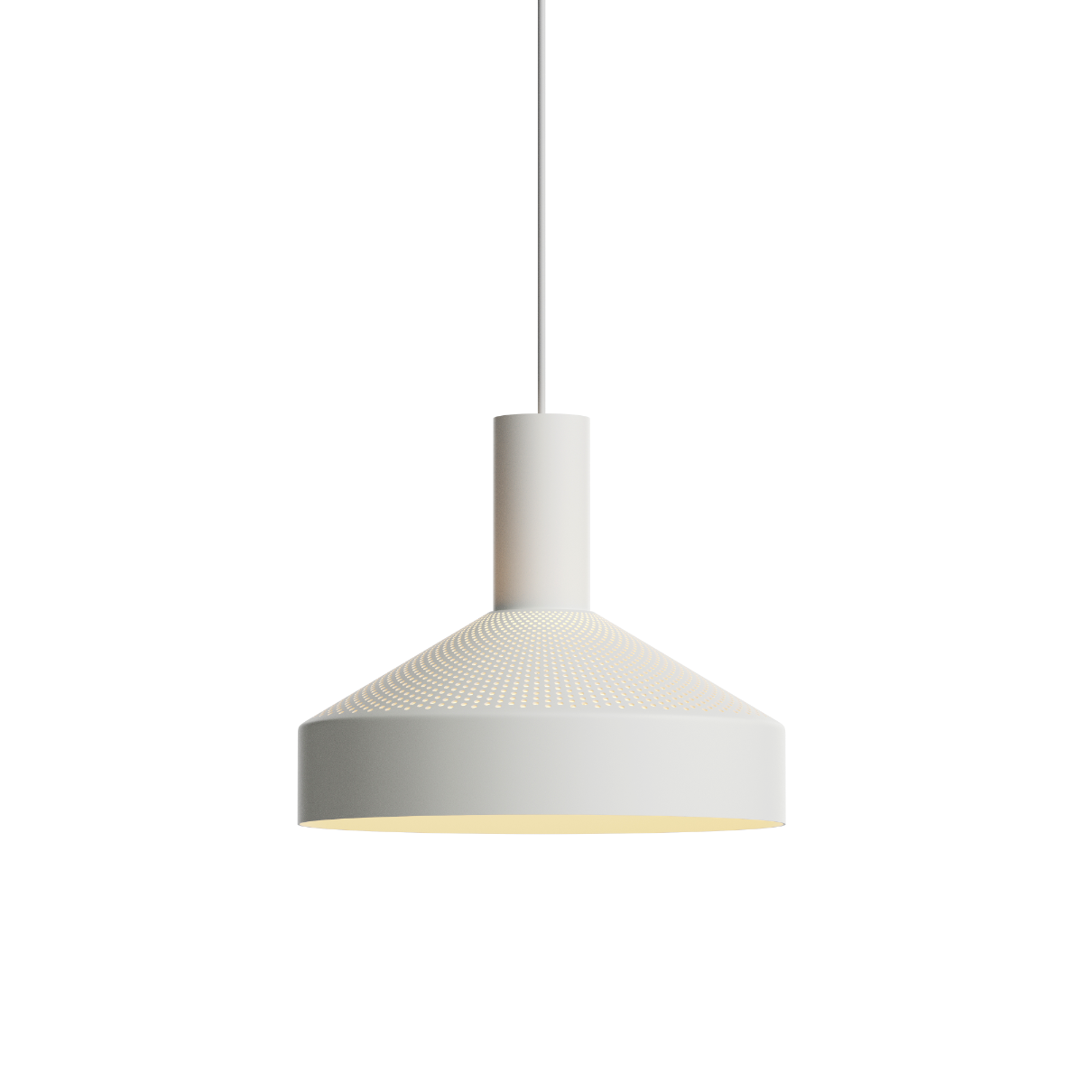 Hvid Dawn Pendant Ø25 lampe i aluminium med perforeret top og hvidmalet inderskærm.