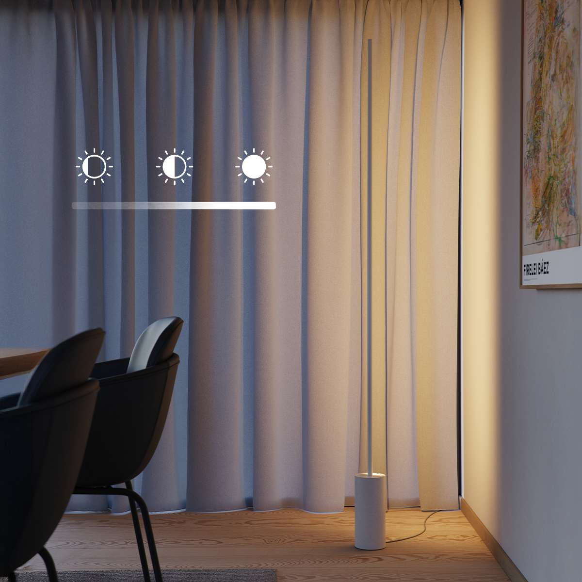 SACKit Expo 185 hvid gulvlampe med slank aluminiumsprofil og marmorfod med opadrettet LED-lysstrip.