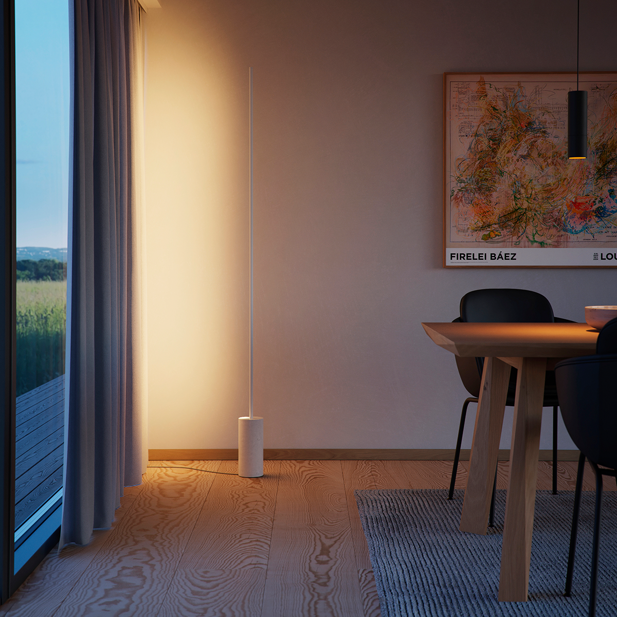 SACKit Expo 185 hvid gulvlampe med slank aluminiumsprofil og marmorfod med opadrettet LED-lysstrip