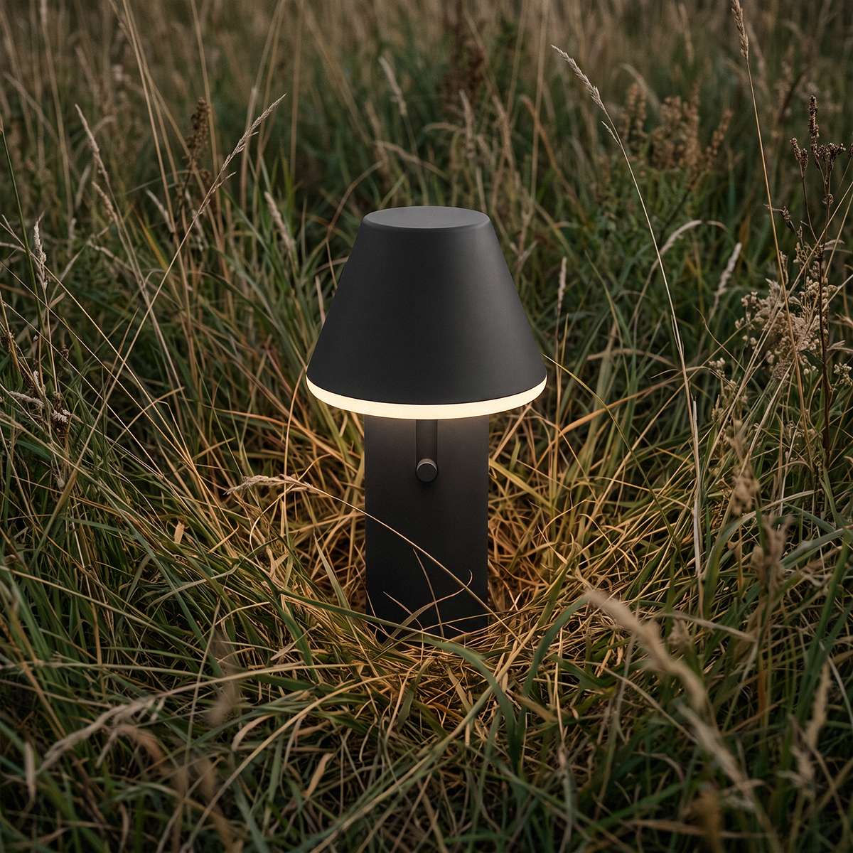 Sort trådløs udendørslampe fra sackit med varmt lys placeret blandt højt græs og vilde planter i den nordiske natur