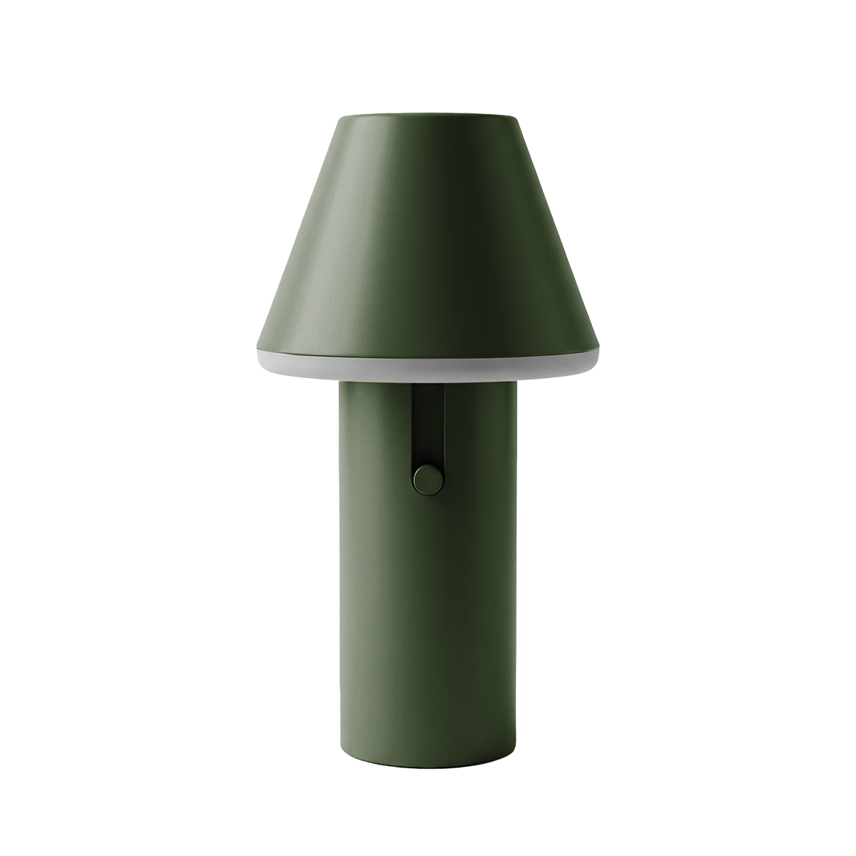 Grøn trådløs Cone bordlampe fra sackit med konisk skærm og cylindrisk krop i pulverlakeret aluminium til stemningsfuldt lys inde og ude