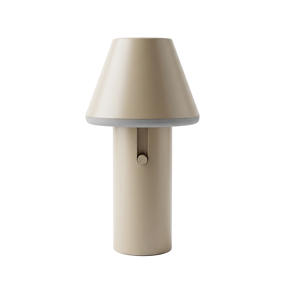 Beige trådløs bordlampe med kegleformet skærm og cylindrisk base i et enkelt nordisk design til inde og ude