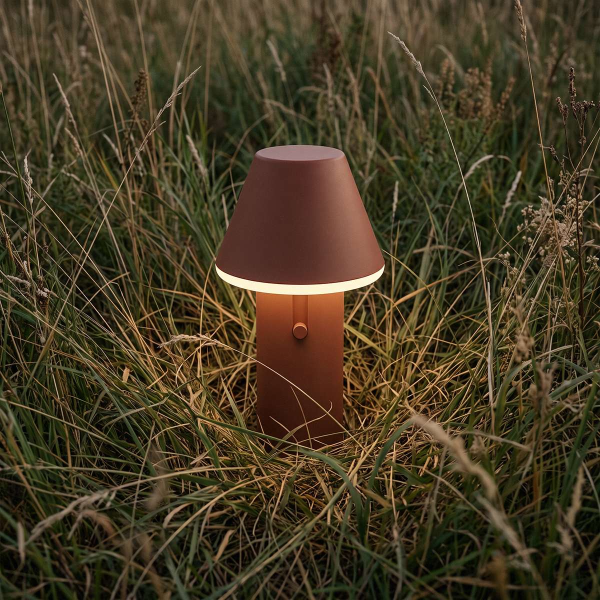 Trådløs bordlampe i brunt pulverlakeret aluminium med varmt lys placeret i højt græs til hyggelig udendørs belysning