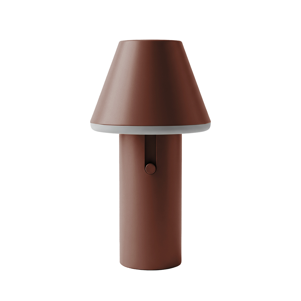Brun trådløs bordlampe med kegleformet skærm fra sackit til indendørs og udendørs brug i et enkelt nordisk design