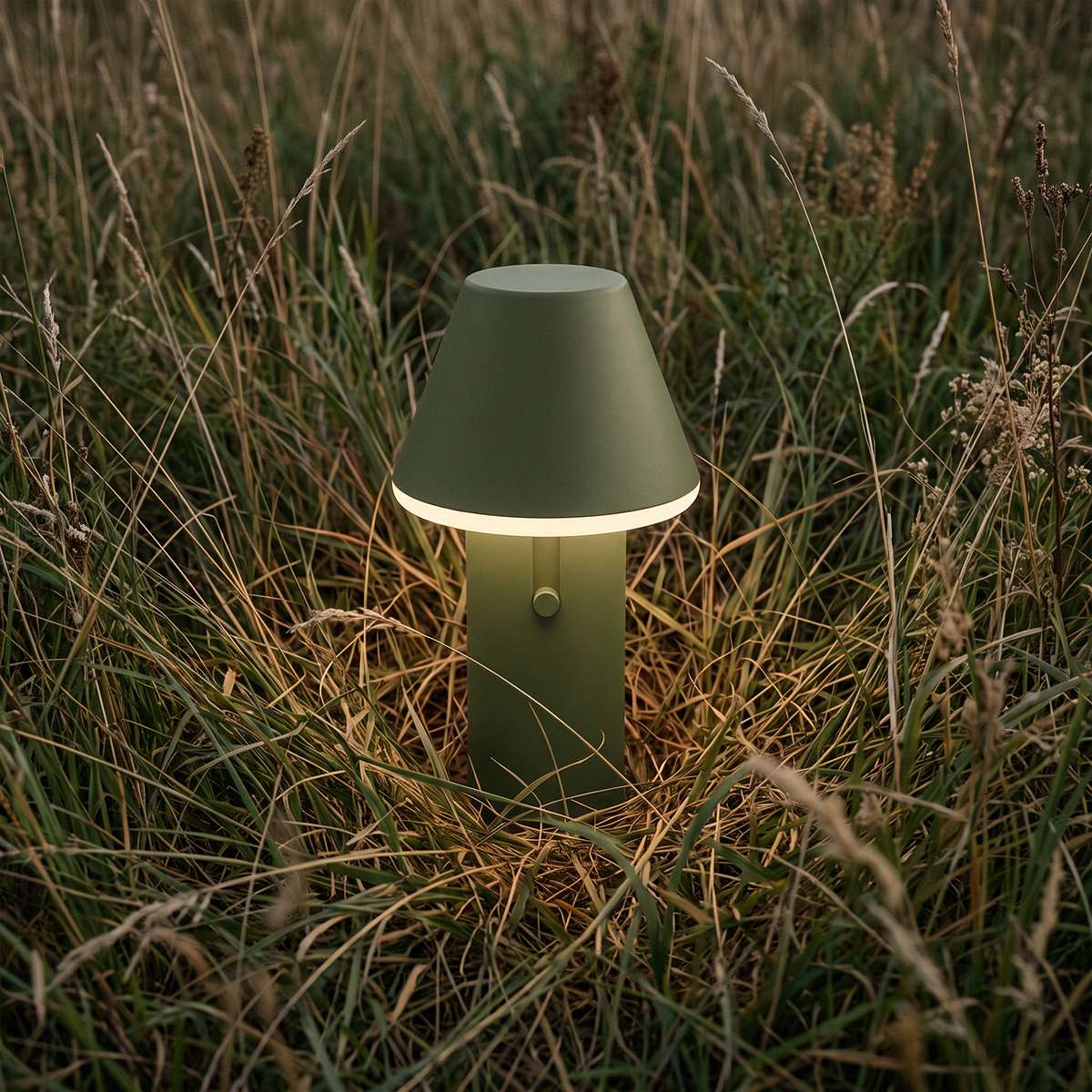 Grøn trådløs lampe fra sackit placeret mellem højt græs og vilde planter med et varmt blødt lys til udendørs brug
