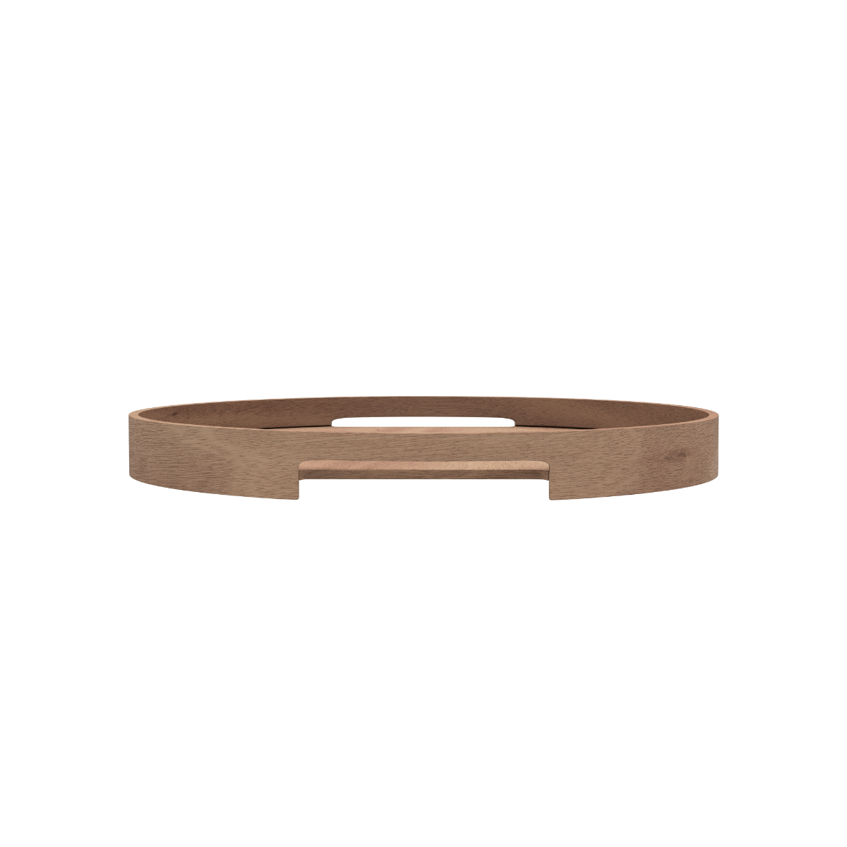 Rund serveringsbakke i naturlig eg med høj kant og integrerede håndtag, designet i Danmark.