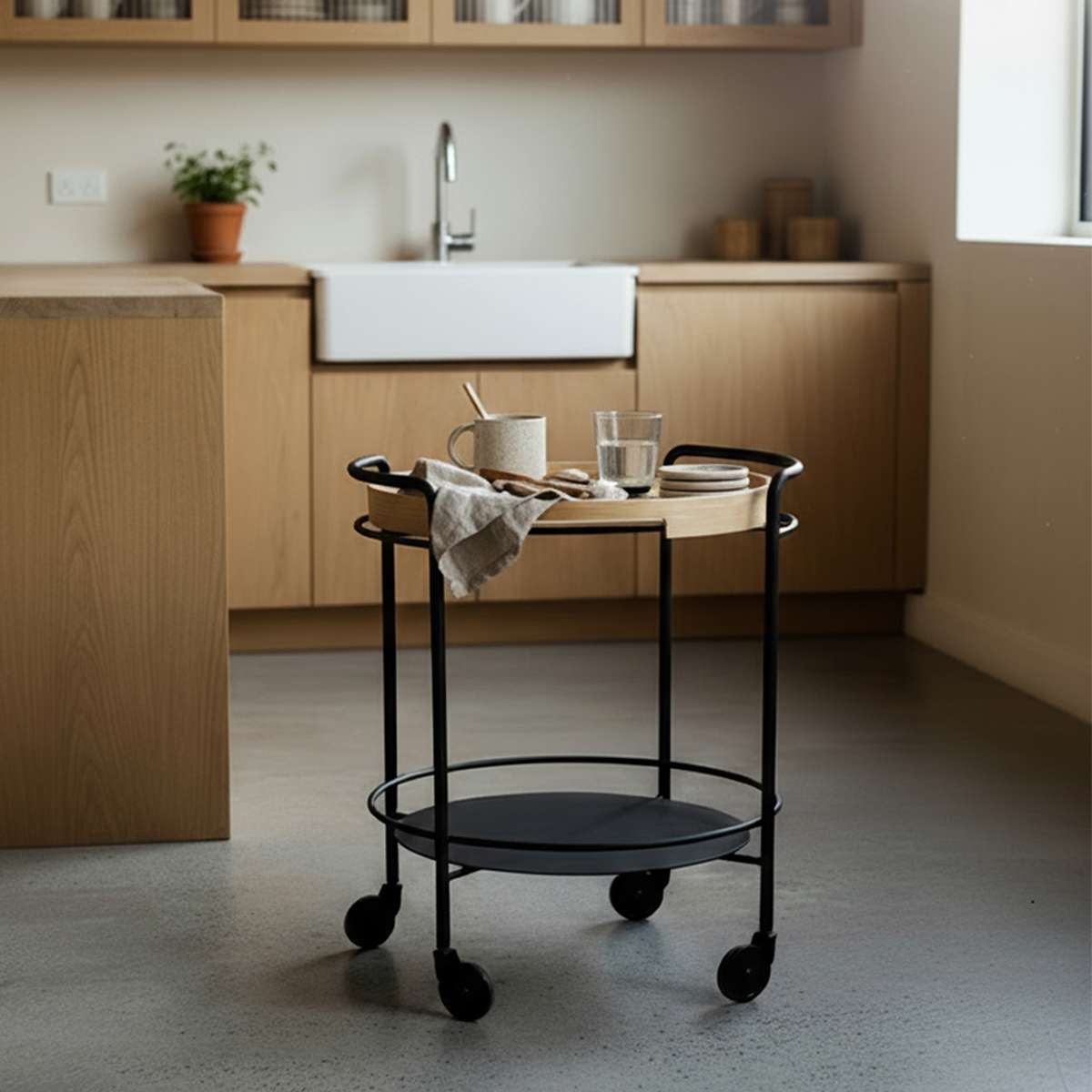 Serving Table med sortlakeret stål og rund serveringsbakke i naturlig eg, på hjul.