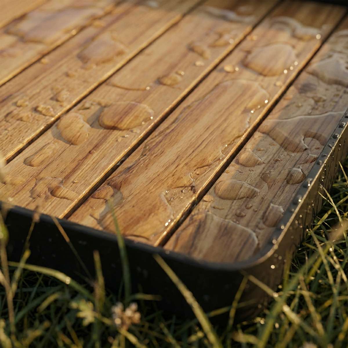 Firkantet udendørs bakke i teak med aluminiumsramme til Soft Sofa Outdoor Pouf.