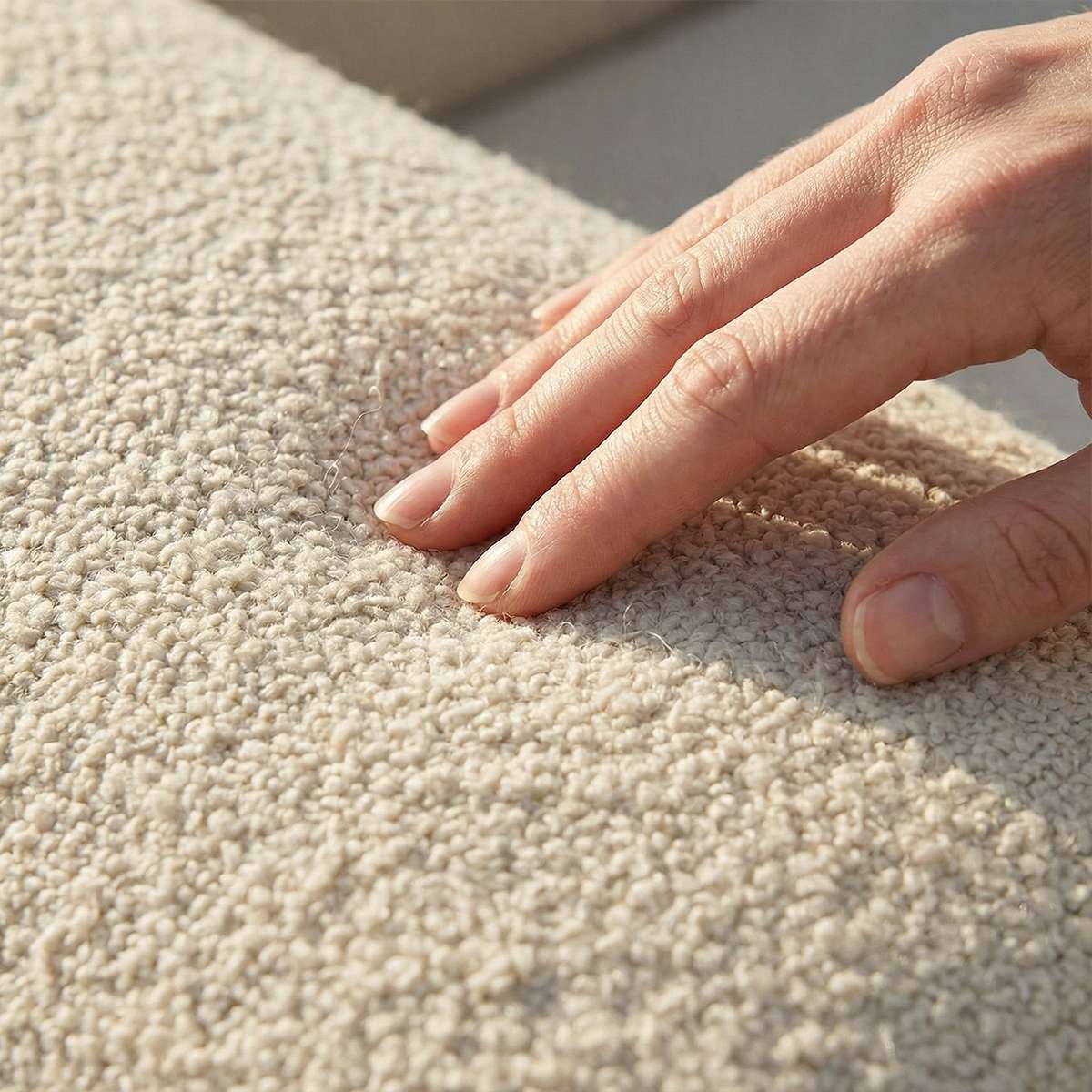 Udendørs Soft Sofa Outdoor hjørnesofa i boucle beige stof med bløde puder og lav ryg.