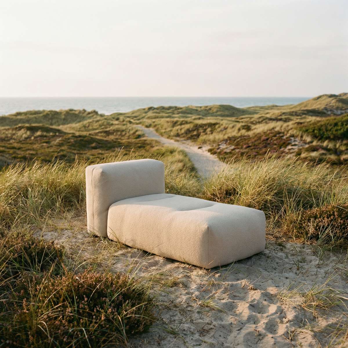 Udendørs Soft Sofa Outdoor Lounger i blødt stof med lav ryg og brede armlæn.