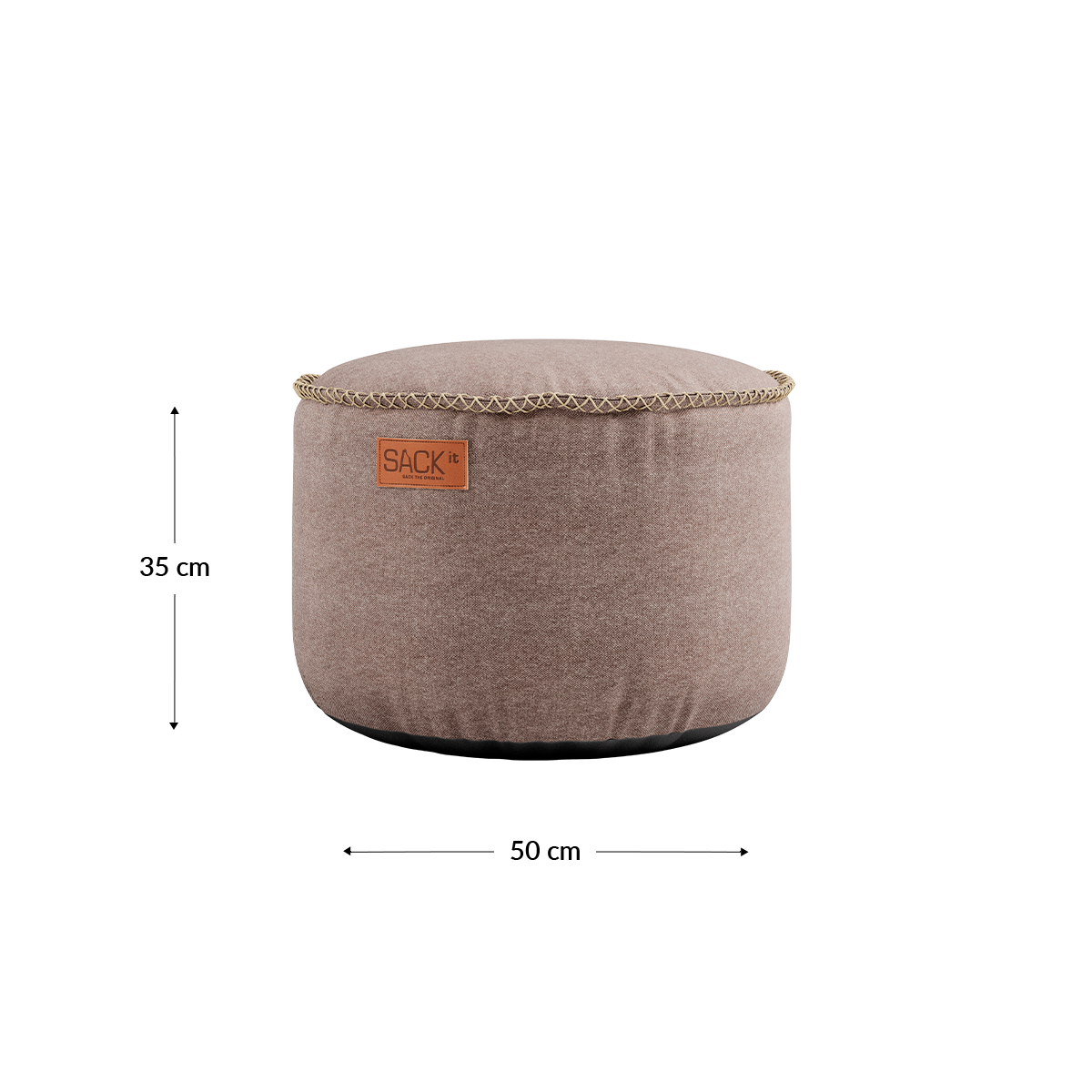 Rund beige Canvas puf i blødt tekstil fra sackit til komfortabel afslapning som ekstra siddeplads eller fodstøtte i hjemmet