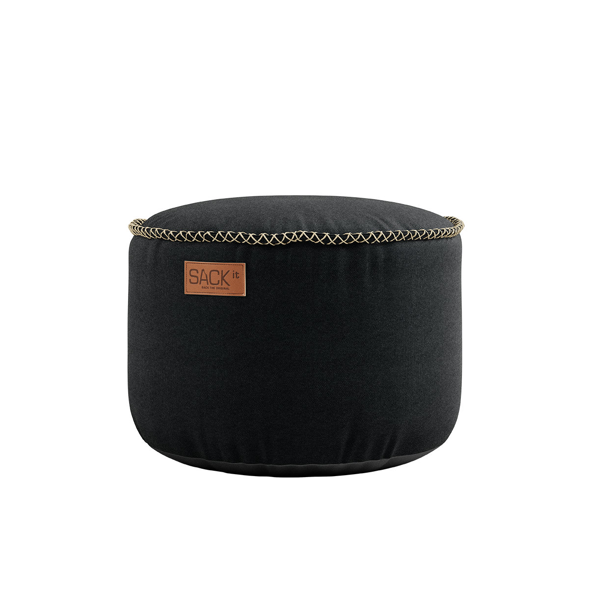 To Canvas Poufs in black and sand canvas fabric with hand-stitched edges.