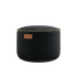 To Canvas Poufs in black and sand canvas fabric with hand-stitched edges.