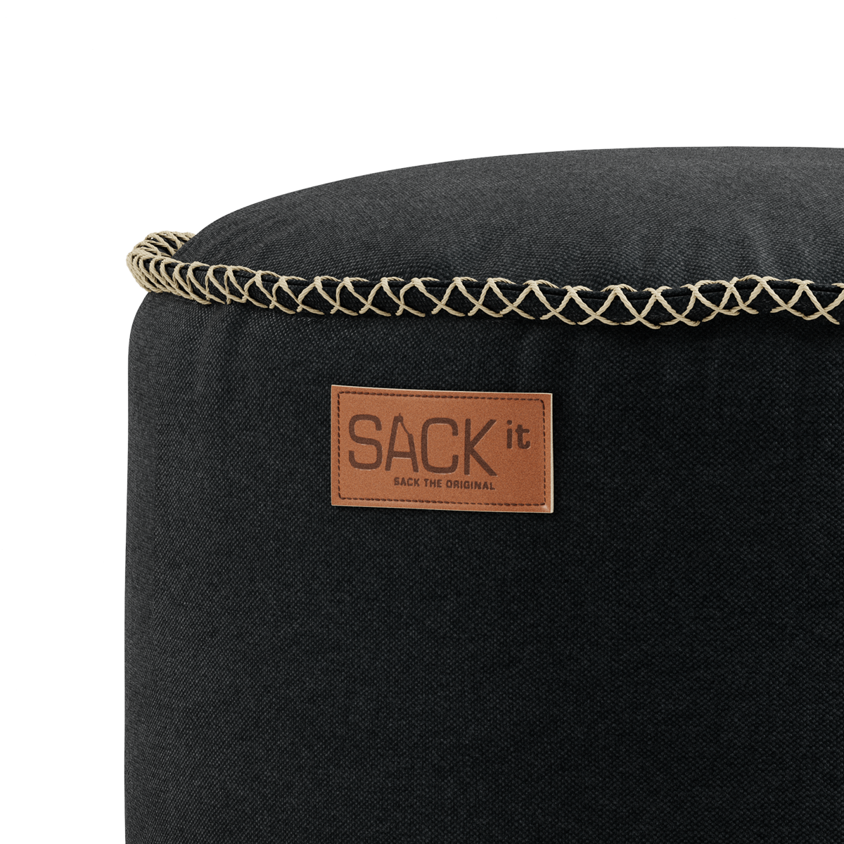 Canvas Pouf 2-pack i sort og sandfarvet canvas med håndsyede hørsting, rund og fast puf.