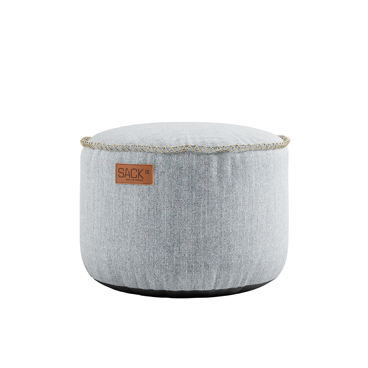 Grå Cobana Pouf i slidstærkt, vandafvisende stof med rund form og håndsyede sting.