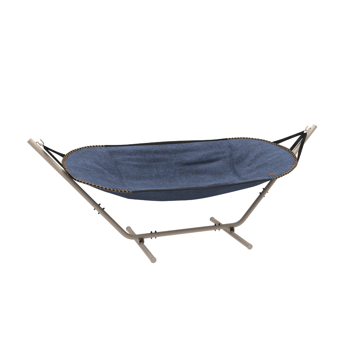 Cobana Hammock hængekøje i Kirra Indigo med taupe pulverlakeret aluminiumstel til udendørs brug.