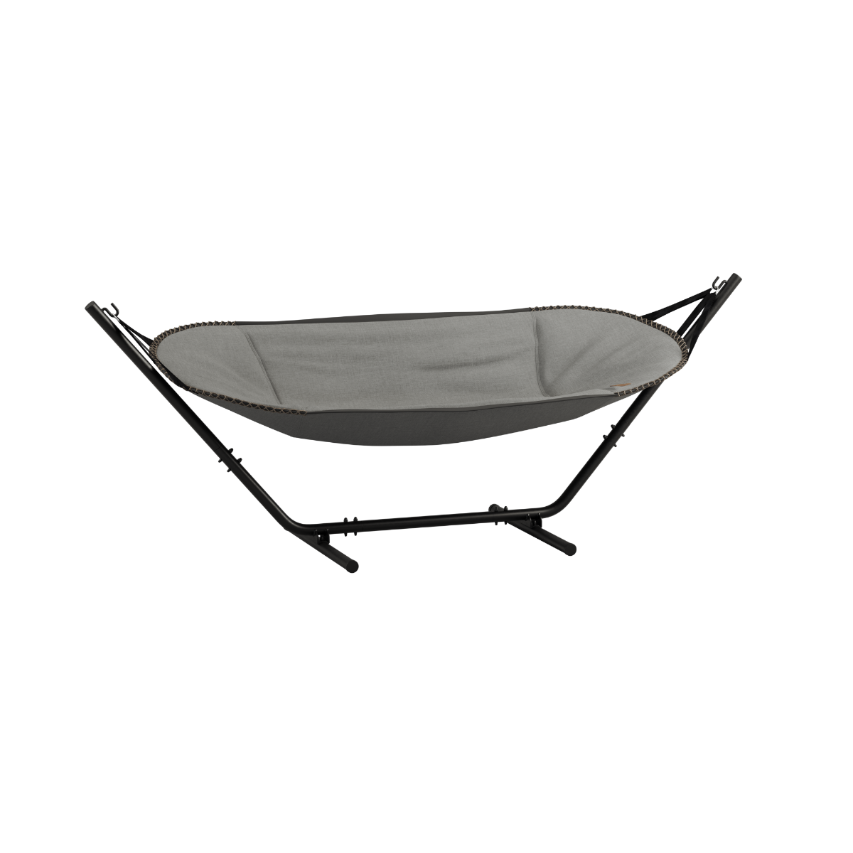 Cobana Hammock hængekøje med sort stel og Kirra Grey olefin-tekstil til udendørs brug.