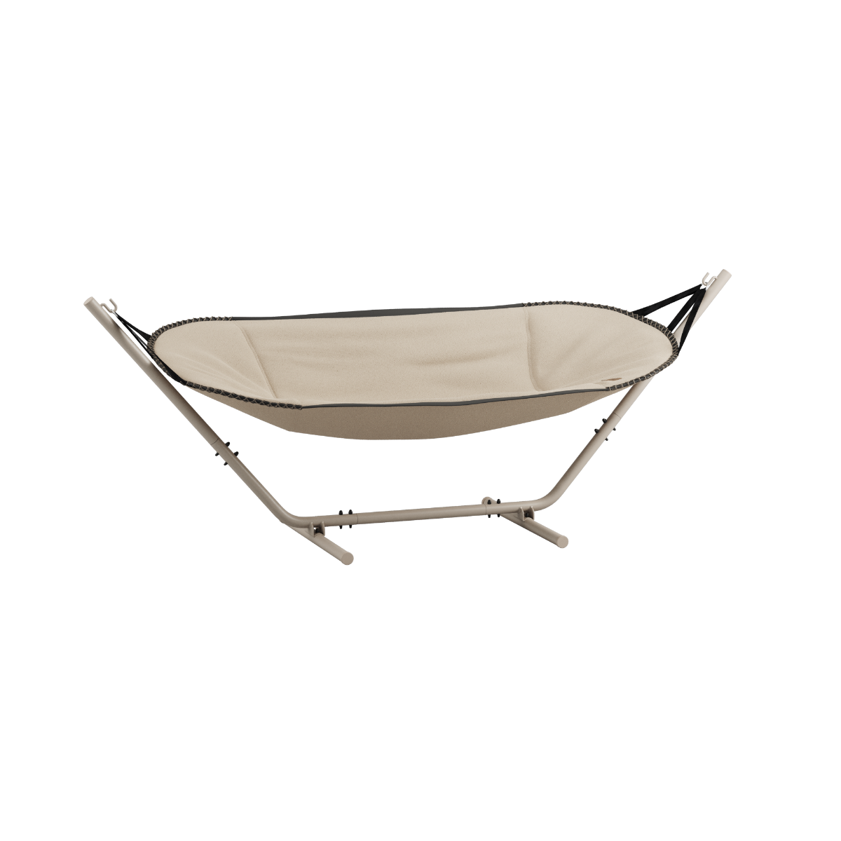 Cobana hængekøje i boucle beige med taupe pulverlakeret aluminiumsstel til udendørs brug.