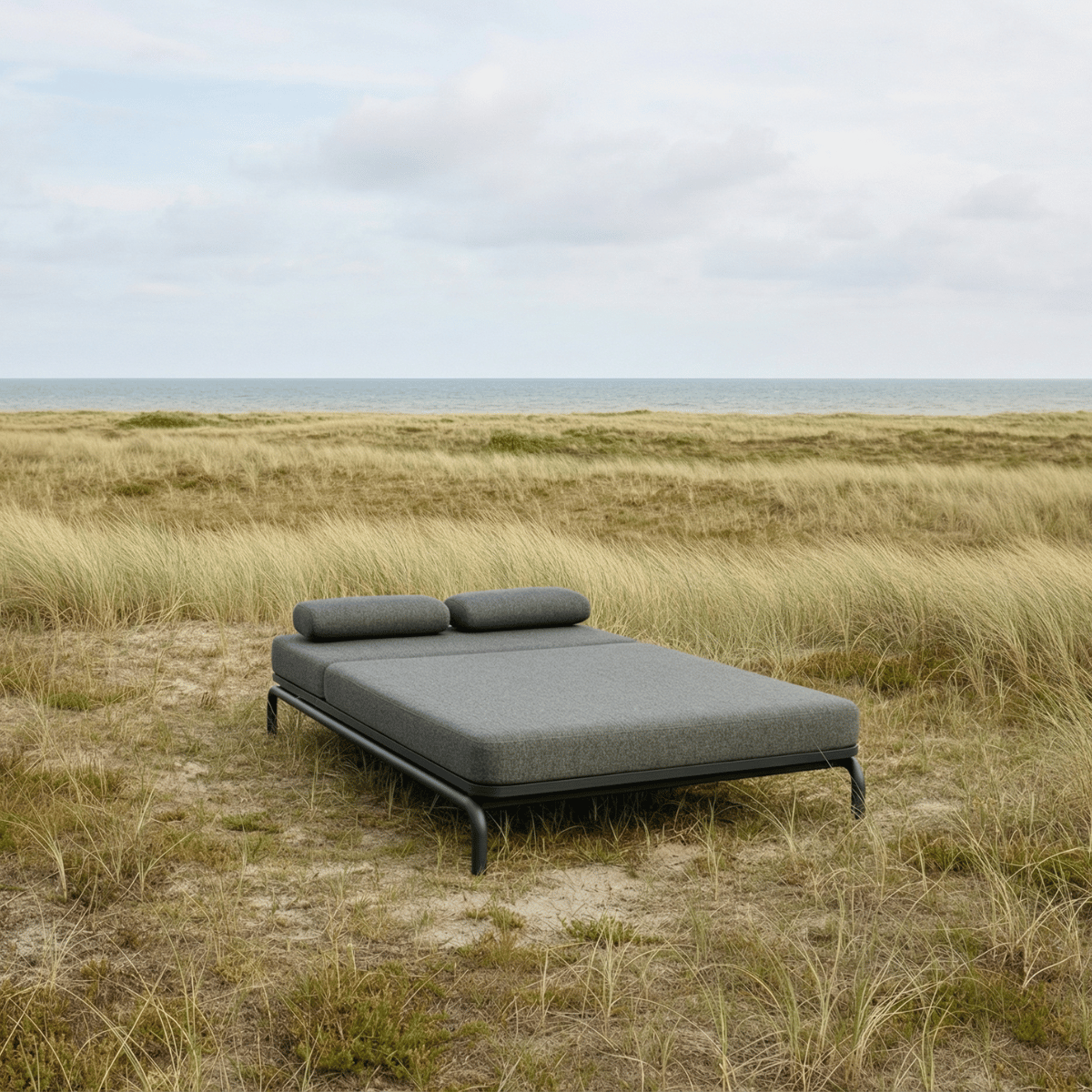 Kirra Double Sunbed udendørs solseng i Kirra Sand med aluminiumsramme og olefin tekstil, placeret i livsstilsmiljø.