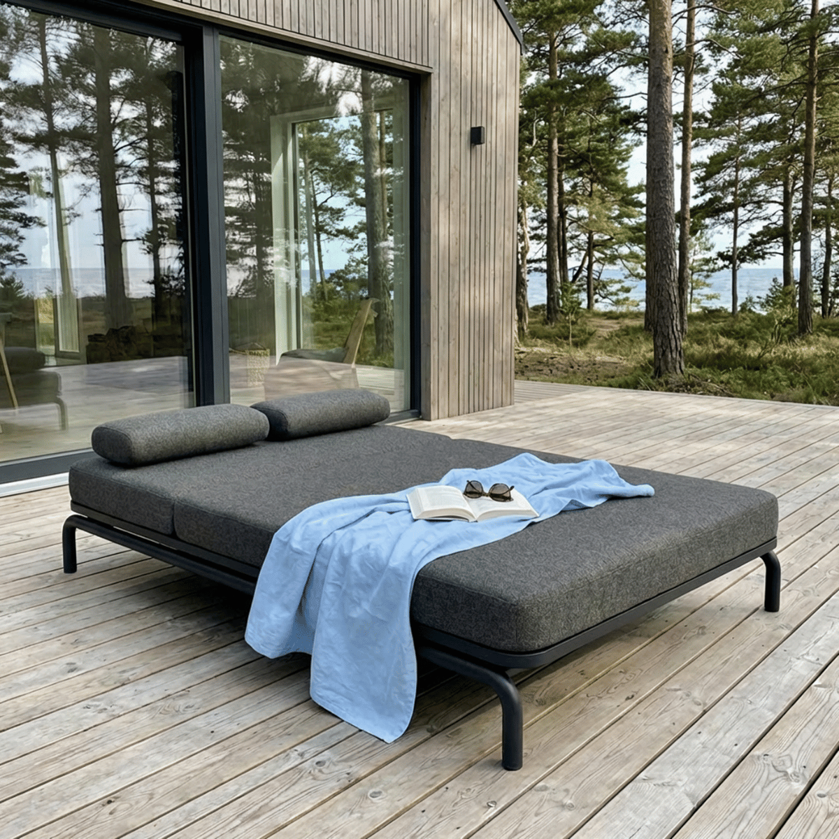 Kirra Double Sunbed i sandfarvet olefin med pulverlakeret aluminiumsramme udendørs solseng