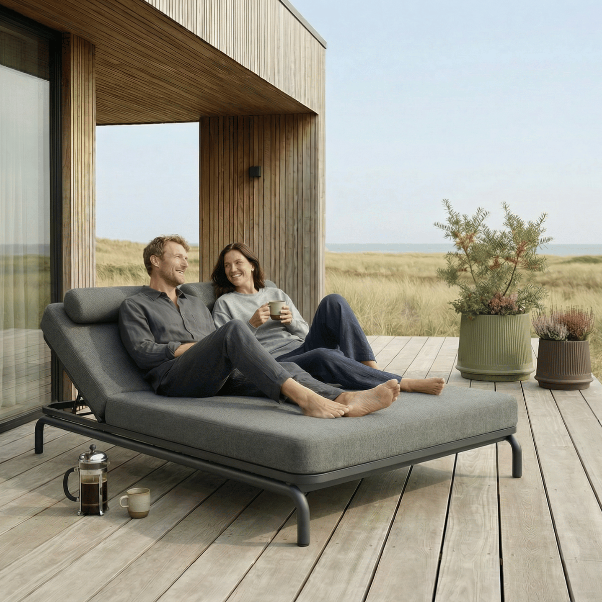 Kirra Double Sunbed udendørs solseng i sandfarvet Olefin tekstil med aluminiumsramme.