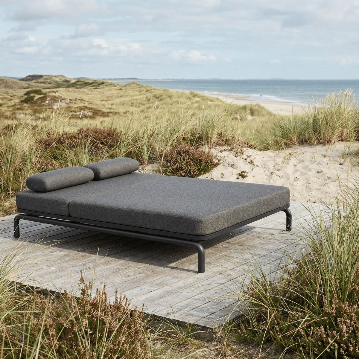 Udendørs dobbeltsolseng Kirra Double Sunbed i sandfarvet olefin med aluminiumsramme.