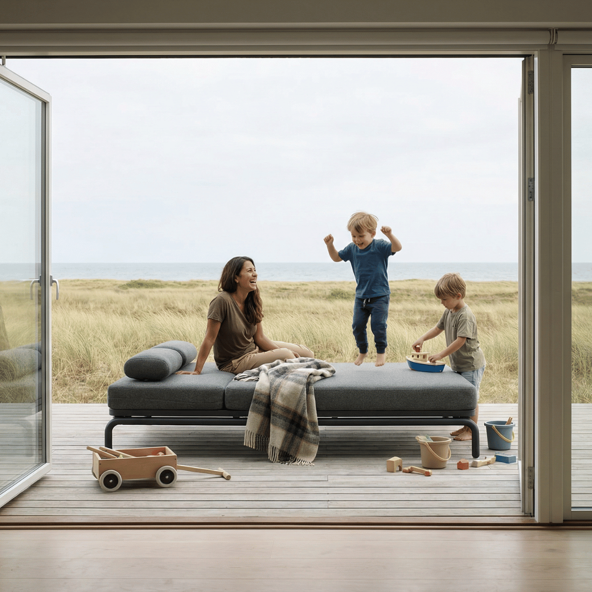 Kirra Double Sunbed i Kirra Sand med pulverlakeret aluminiumsramme og vandafvisende olefin tekstil.