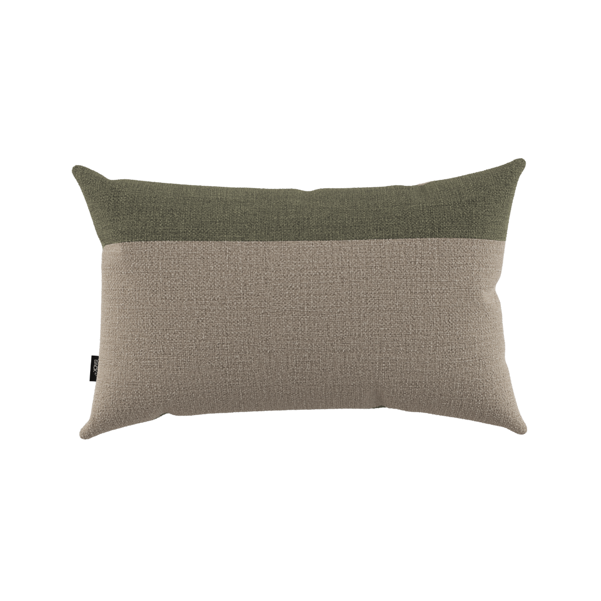 Tide Cushion i sand og olivengrøn med farveblokke, blød udendørspude med aftageligt betræk.