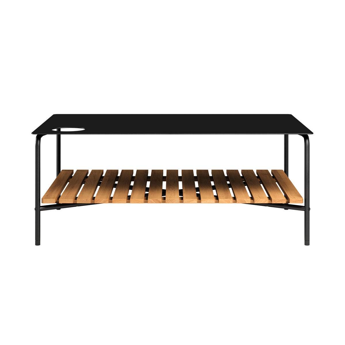 Udendørs Patio sofabord i sort pulverlakeret aluminium med teaktræshylde, 113x70 cm uden accessory fit.